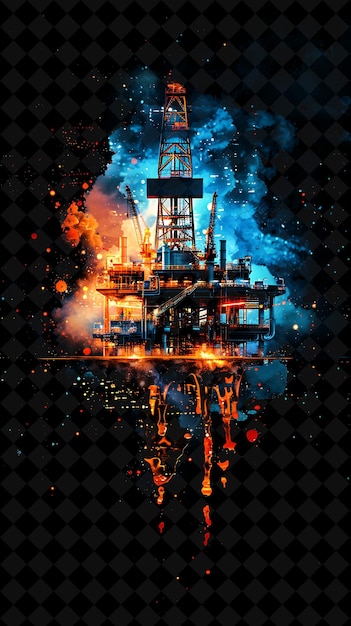 Oil Rig Explosion With Drilling Platform Flames and Oil Spil PNG Neon Effect on Dark Background