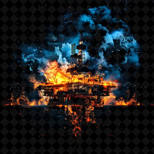 Oil Rig Explosion With Drilling Platform Flames and Oil Spil PNG Neon Effect on Dark Background