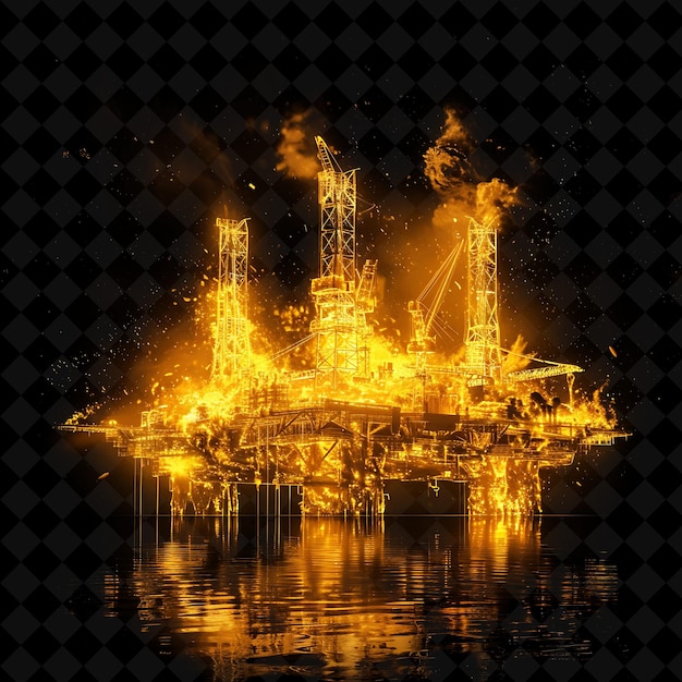 Oil Rig Explosion With Flames Oil Spills and Drilling Equipm PNG Neon Effect on Dark Background