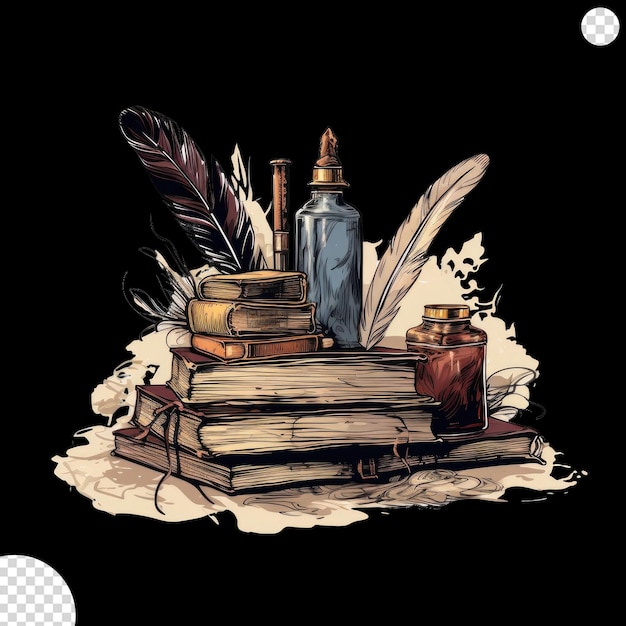 old books and ink quill feather png transparent