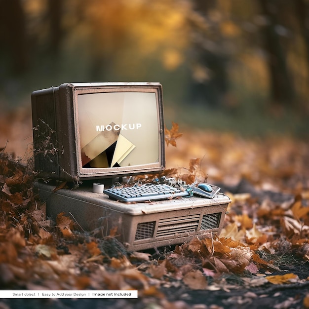 An old computer with a screen that says mockup up on it.