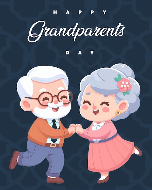 PSD an old couple is holding hands and the words grandparents day on the front of a card