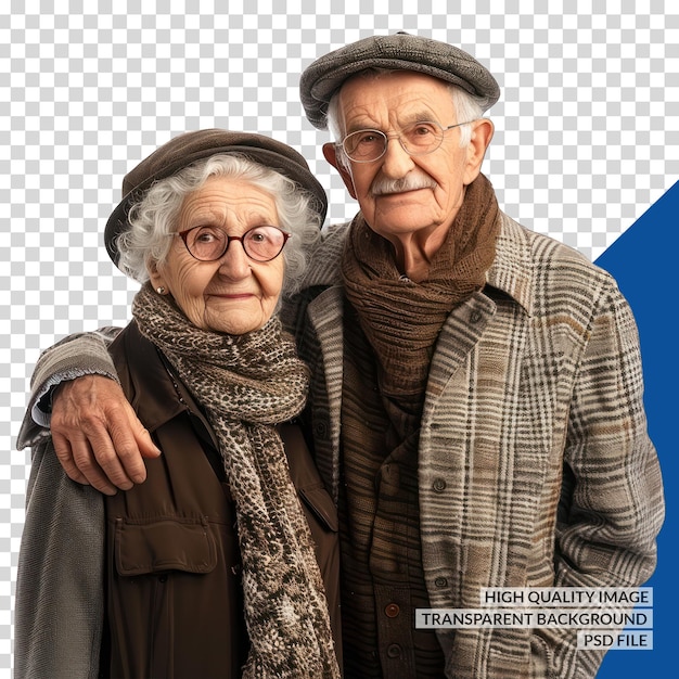 PSD an old couple is posing for a photo with a blue background