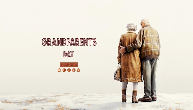 an old couple is standing in front of a wall with the words grand grandparents day on it