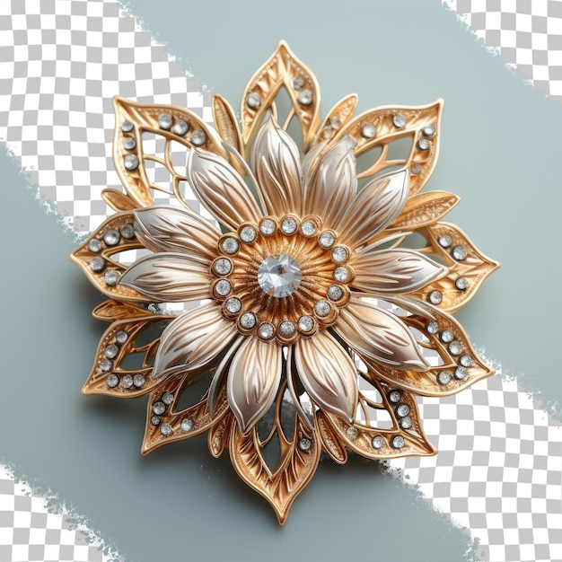 Old fashioned sunflower brooch made of silver with intricate design set against a transparent background