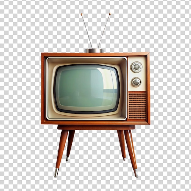 PSD old fashioned tv on wooden stand on transparent background