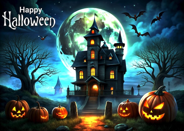 Old Halloween house and scary ghost dark night with pumpkin