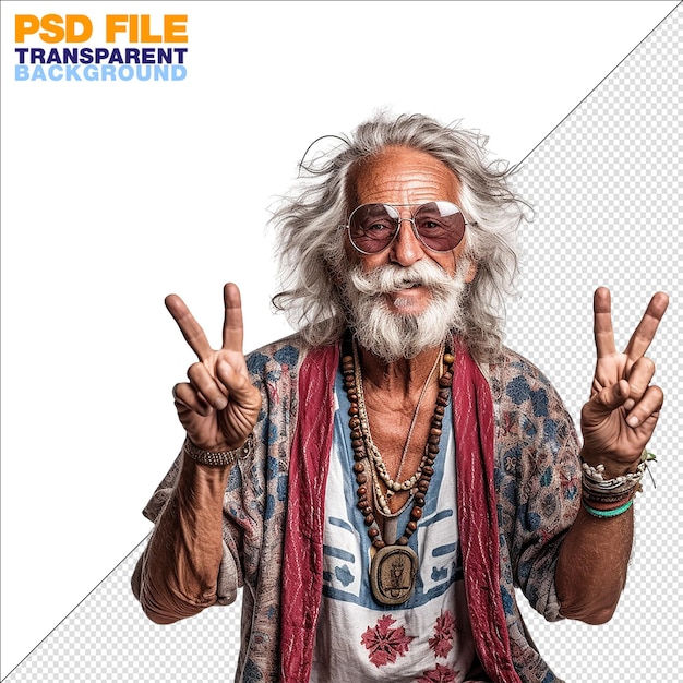 an old hippy man showing the peace sign with his hand