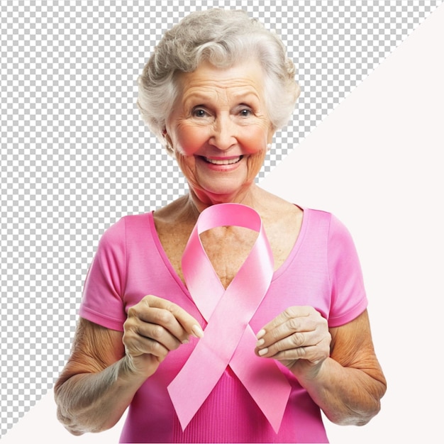 old lady in pink dress holding pink awareness