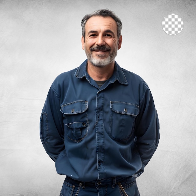 Old man worker in uniform isolated on transparent background