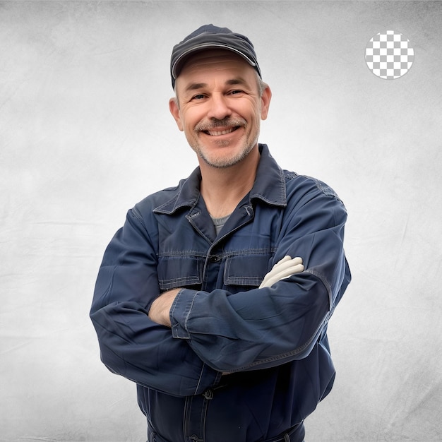 Old man worker in uniform isolated on transparent background