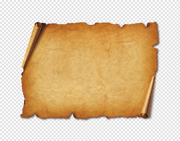 Old mediaeval paper sheet Horizontal parchment scroll isolated on white with shadow