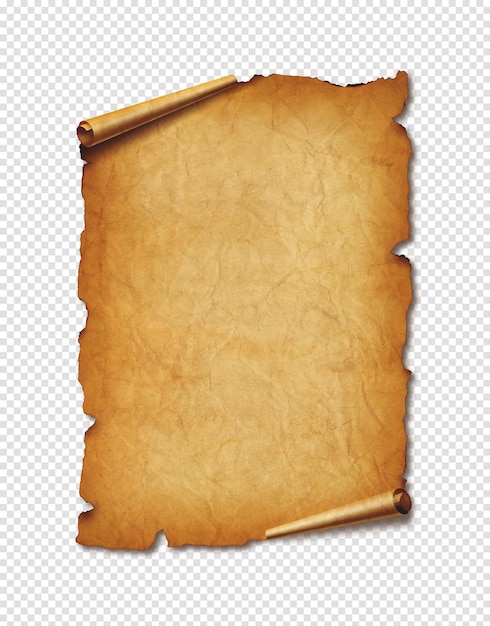 Old mediaeval paper sheet Parchment scroll isolated on white with shadow