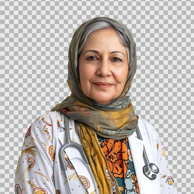 An old Pakistani female doctor on isolated transparent background