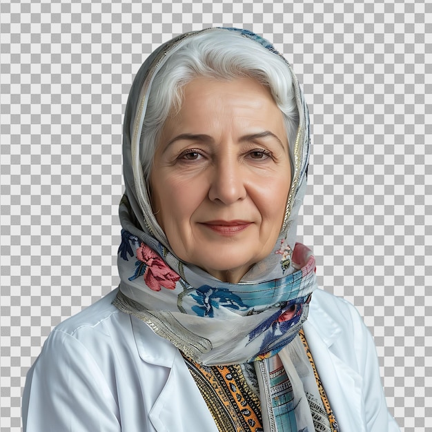 An old Pakistani female doctor on isolated transparent background