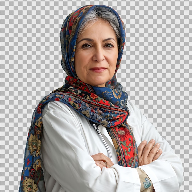 An old Pakistani female doctor on isolated transparent background