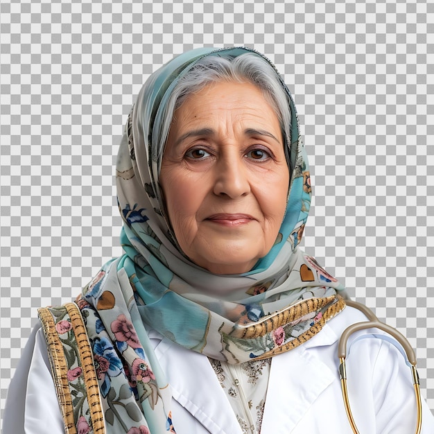 An old Pakistani female doctor on isolated transparent background