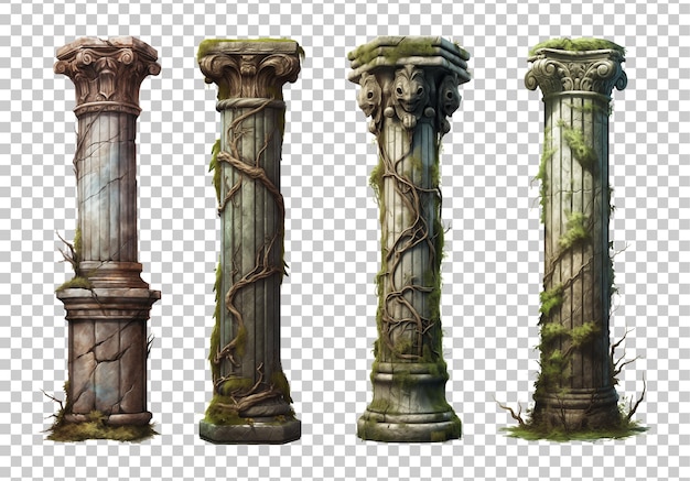 PSD old ruins pillar set isolated on transparent background