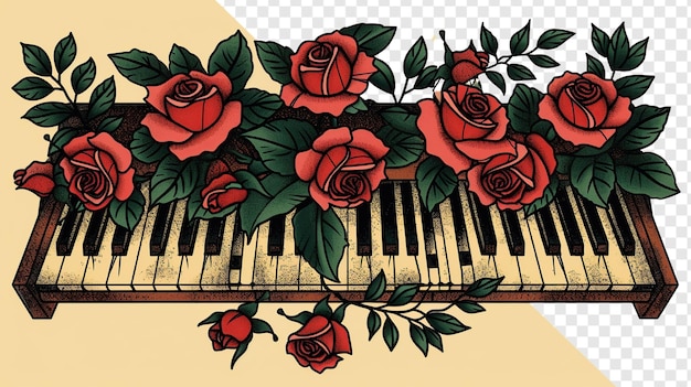 Old School Piano Keys and Roses Tattoo Template in Photoreal Style with Transparent Background