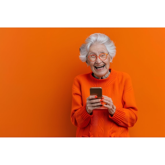 PSD an old woman is smiling and holding a phone