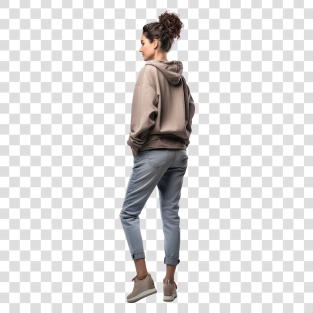 PSD a old woman in jeans looking up on a white background isolation back view sweatshirt sleeve denim