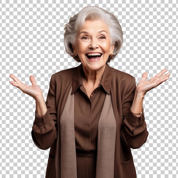 an old woman with her hands up in the air