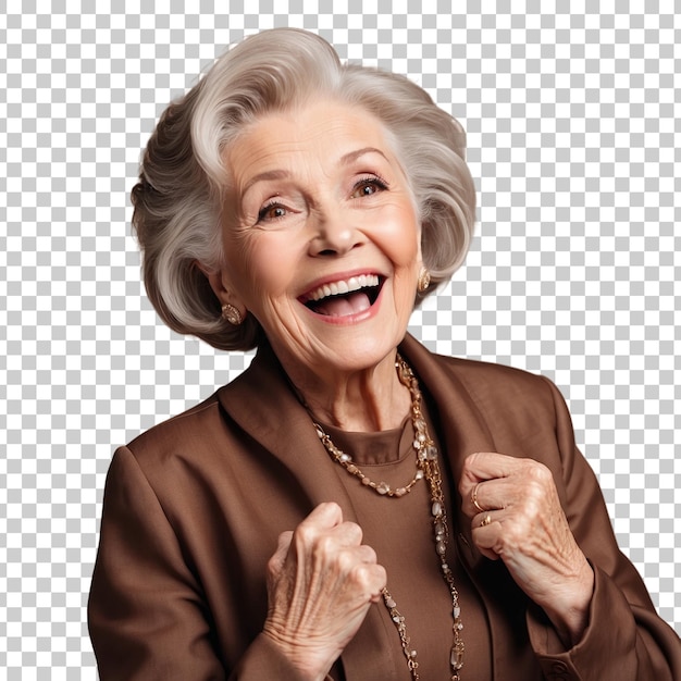 an old woman with her hands up in the air