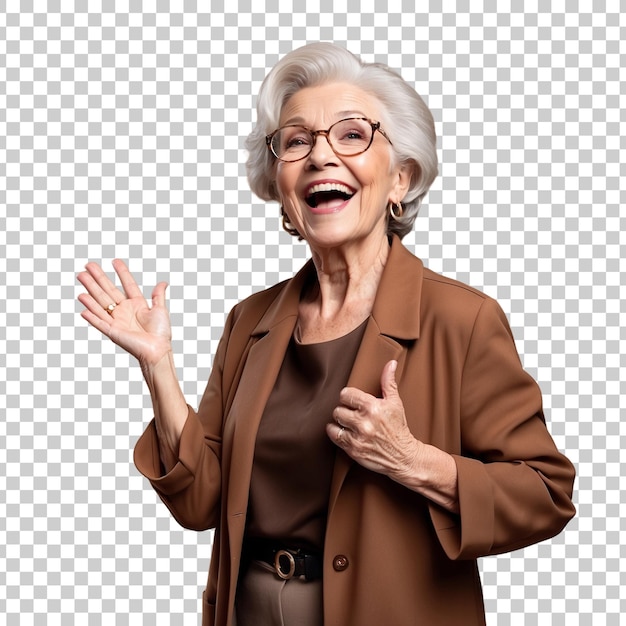 an old woman with her hands up in the air