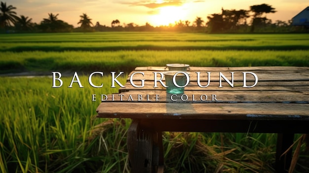 old wooden table next to green rice fields in the evening at sunset