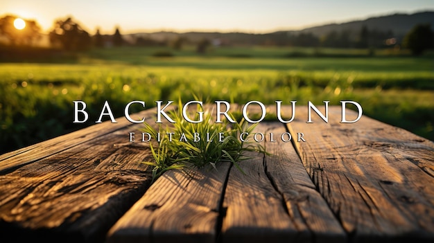 old wooden table next to green rice fields in the evening at sunset