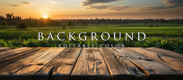 old wooden table next to green rice fields in the evening at sunset