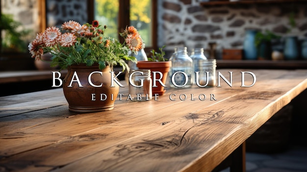 Old wooden table in the kitchen and blurred kitchen utensils