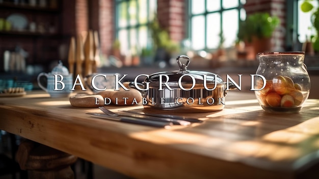 Old wooden table in the kitchen and blurred kitchen utensils