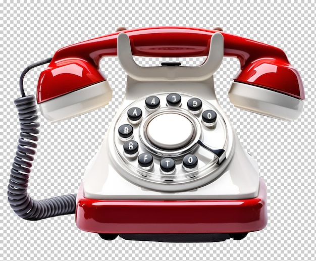 oldfashioned rotary red telephone with handset on isolated transparent background