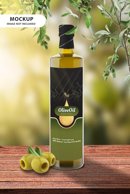 olive oil glass bottle on wooden table mockup