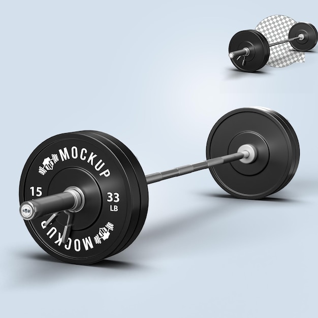 Olympic barbell with bumper weight plates mockup on transparent background