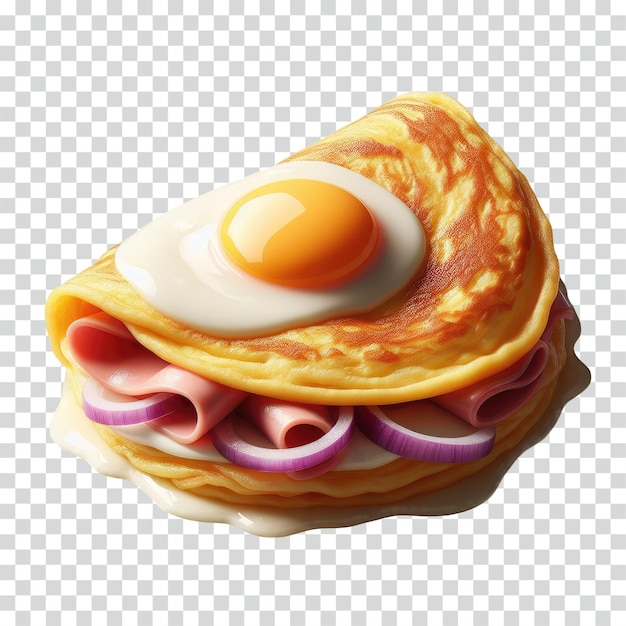 an omelette with onion and ham and the egg is folded and fluffy transparent background