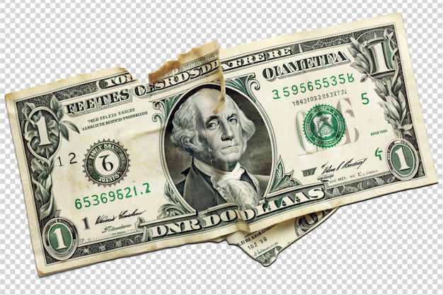 One dollar bill breaking into pieces Inflation and recession concept png