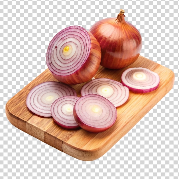 Onion slices on wooden cutting board on white back