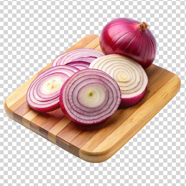 Onion slices on wooden cutting board on white back