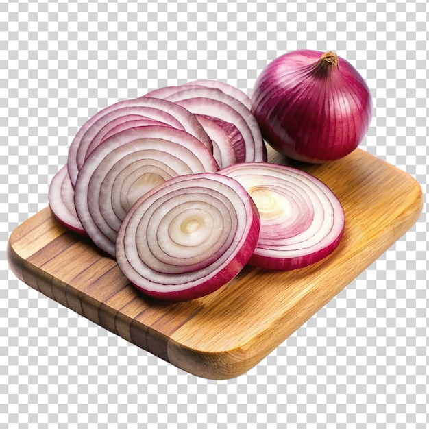 Onion slices on wooden cutting board on white back