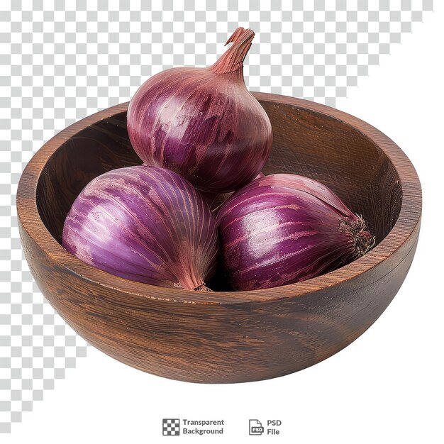 PSD onions in a wooden bowl transparent background