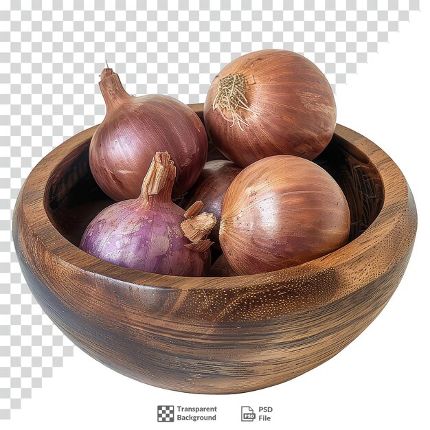 PSD onions in a wooden bowl with a white background