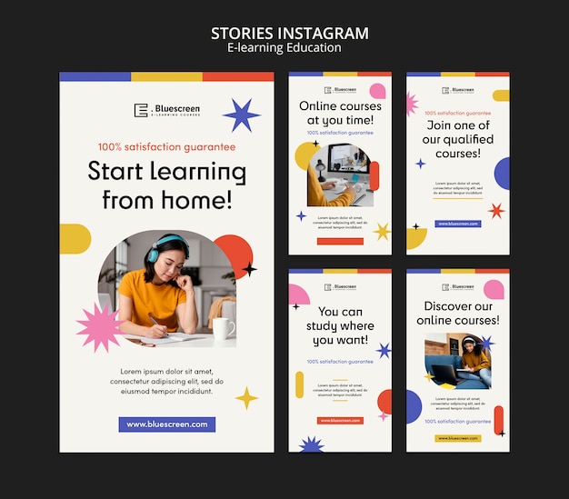 PSD online classes instagram stories collection with abstract shapes