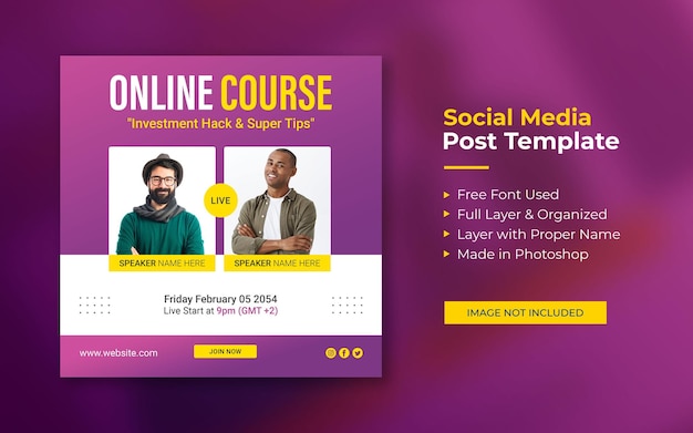 Online course and webinar social media post or square web banner template