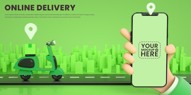 Online delivery service or e commerce by scooter on app and mobile phone mockup with map location