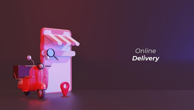 PSD online delivery shop red scooter and phone illustration 3d render