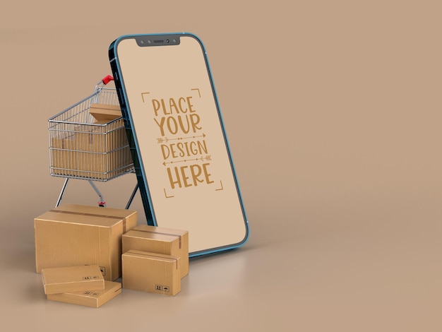 Online delivery with smartphone mockup template with delivery package 