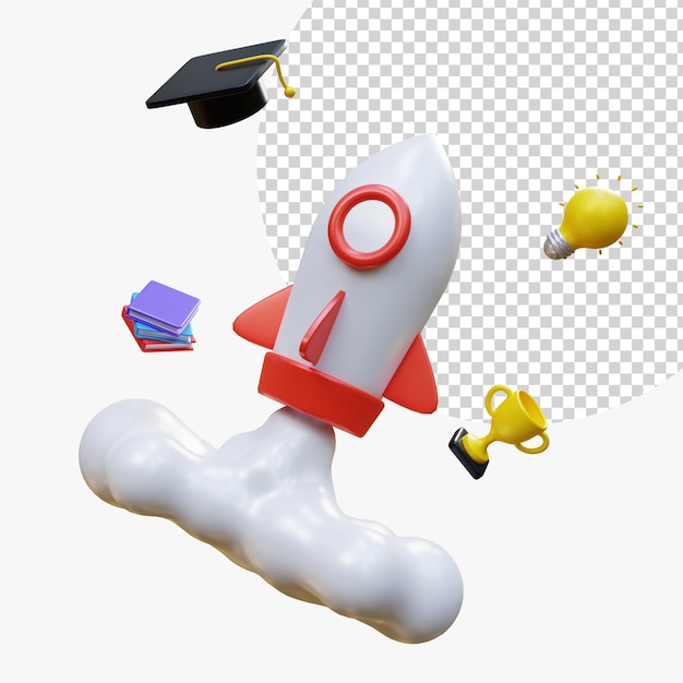 PSD online education elearning concept design launching rocket graduate cap lightbulb