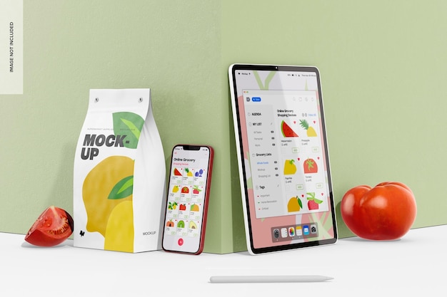 Online Grocery Shopping Devices Mockup, Leaned